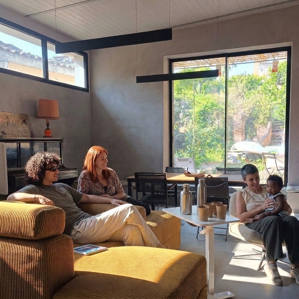 Lounge del coliving B²BIM con toni terracotta e ambienti caldi